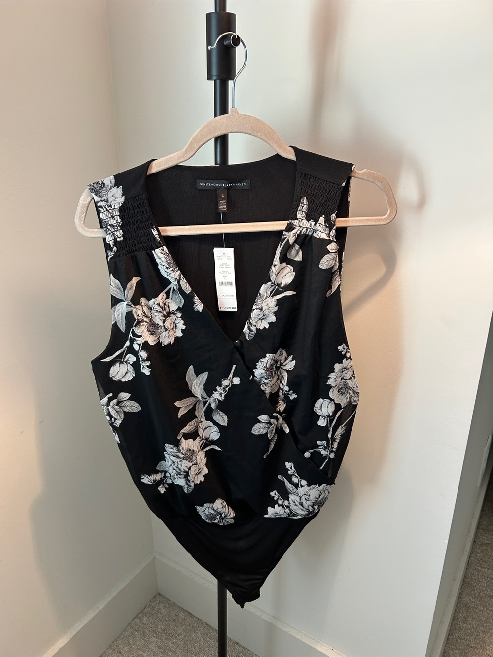White House Black Market Black Floral Wrap Bodysuit